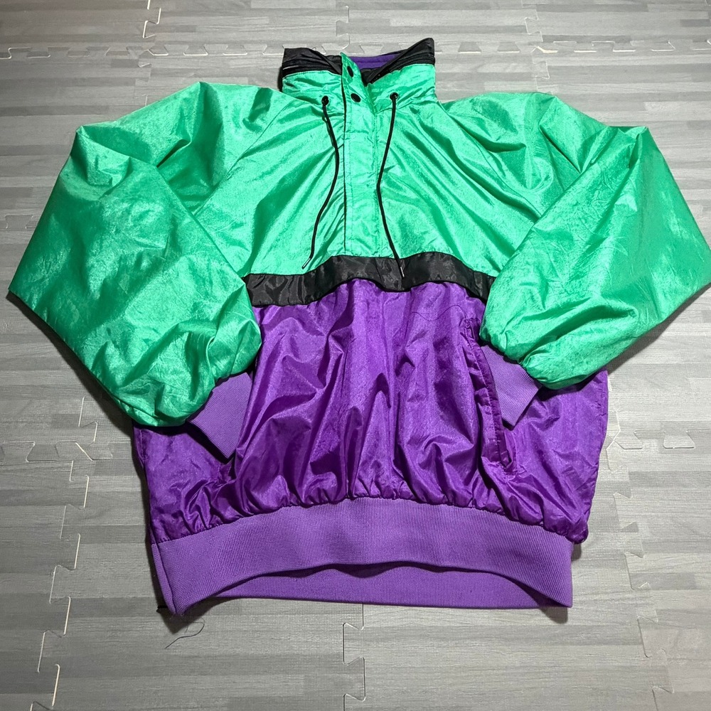 Vintage Seattle Blues 90s Anorak Windbreaker Jacket Green Purple Colorblock
